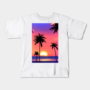 Hot Summer Sunset Palm Tree Beach Ocean Artistic Paradise Kids T-Shirt